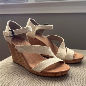 Toms Cream and Brown Wedge Sandals